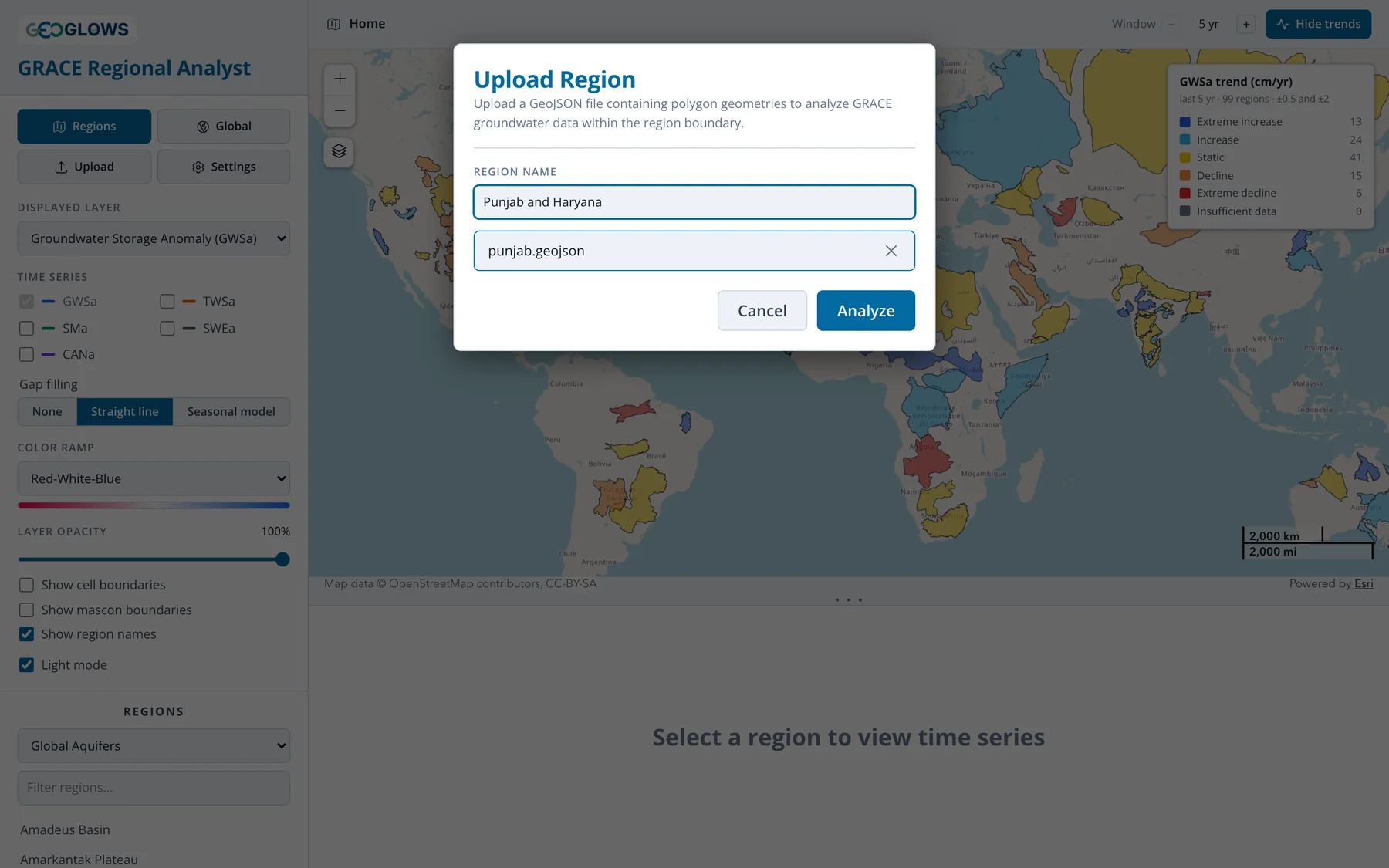 The Upload Region dialog
