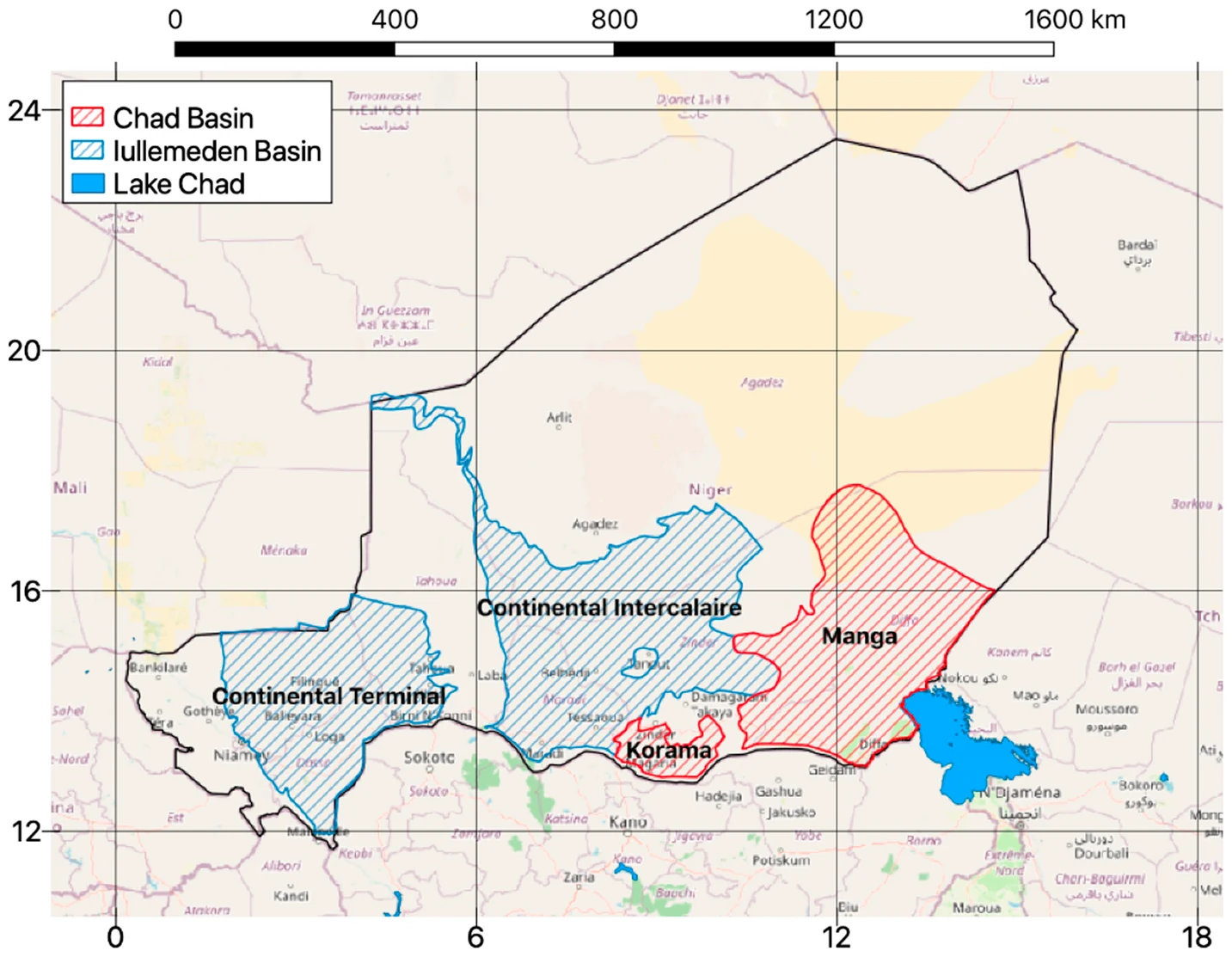 Selected aquifers of the Iullemeden and Chad basins